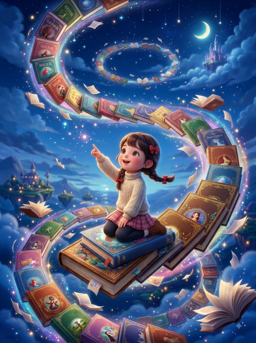 小女孩坐在星空中盤旋的故事書上，伸手指向遠方